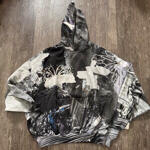 Praying Hoodie Unisex Large Black Grey Abstract Rhinestone Butterfly Streetwear